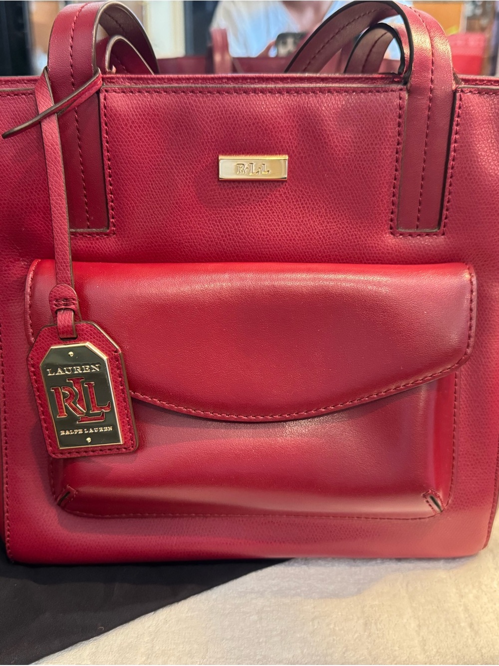 Lauren Ralph Lauren Garnet Red Leather Tote with Front Pocket and Logo Tag